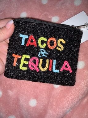 BACCI Beaded 'Tacos & Tequila' Black Coin Pouch NWT